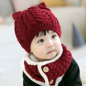Baby/Toddler Burgundy Red Hat with Ears Ring Scarf